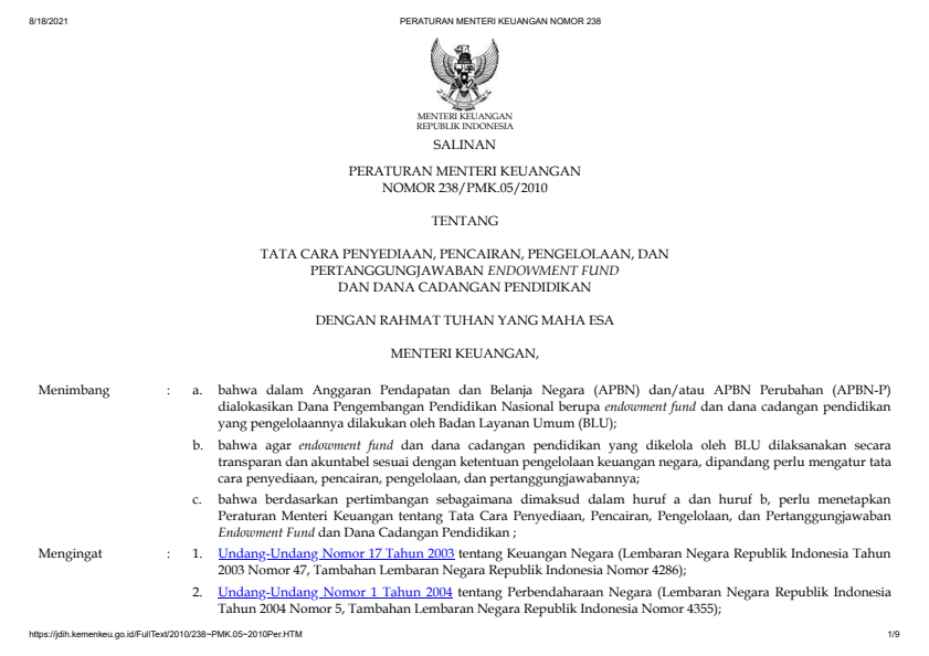 Peraturan Menteri Keuangan Nomor 238/PMK.05/2010