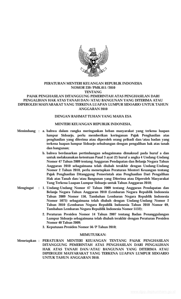 Peraturan Menteri Keuangan Nomor 239/PMK.011/2010