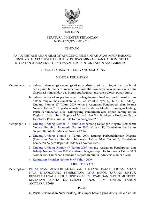 Peraturan Menteri Keuangan Nomor 24/PMK.011/2010