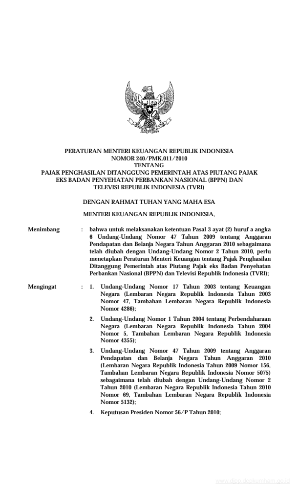 Peraturan Menteri Keuangan Nomor 240/PMK.011/2010