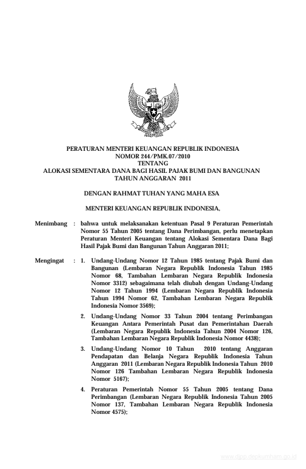 Peraturan Menteri Keuangan Nomor 244/PMK.07/2010