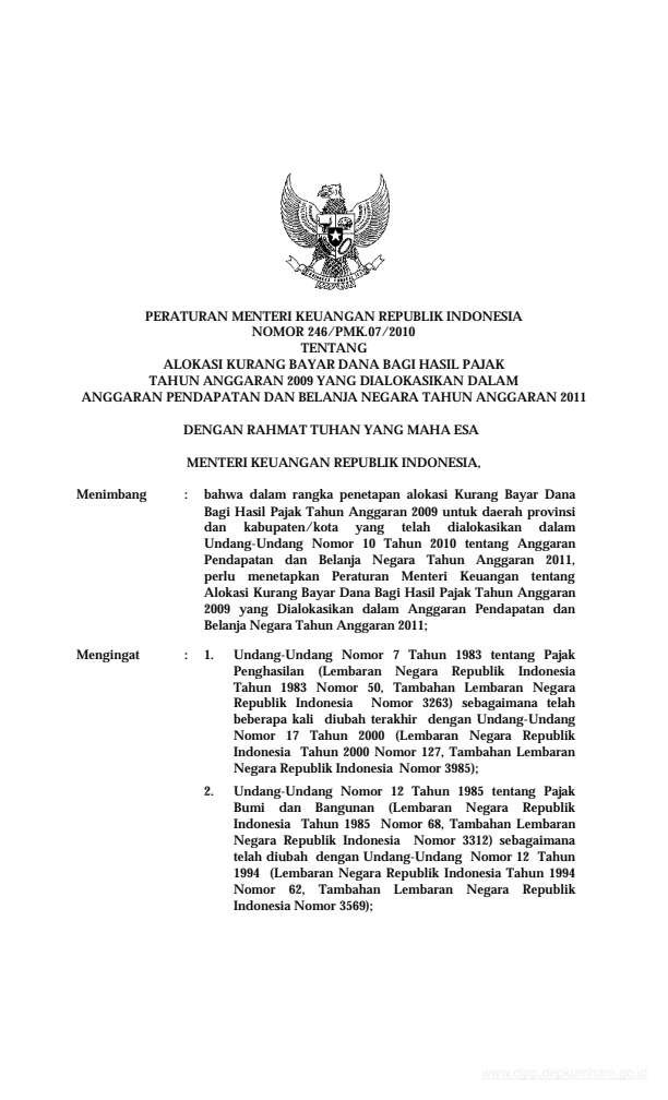 Peraturan Menteri Keuangan Nomor 246/PMK.07/2010