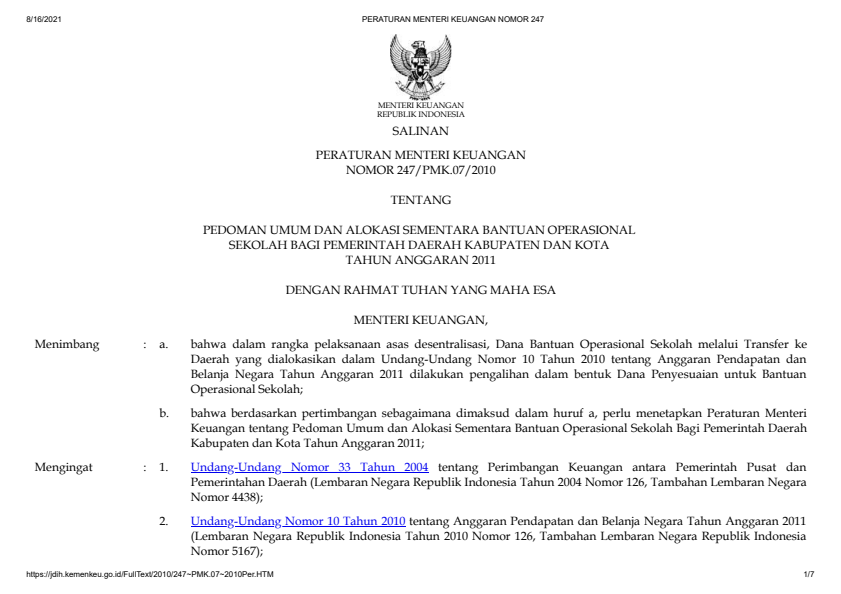 Peraturan Menteri Keuangan Nomor 247/PMK.07/2010