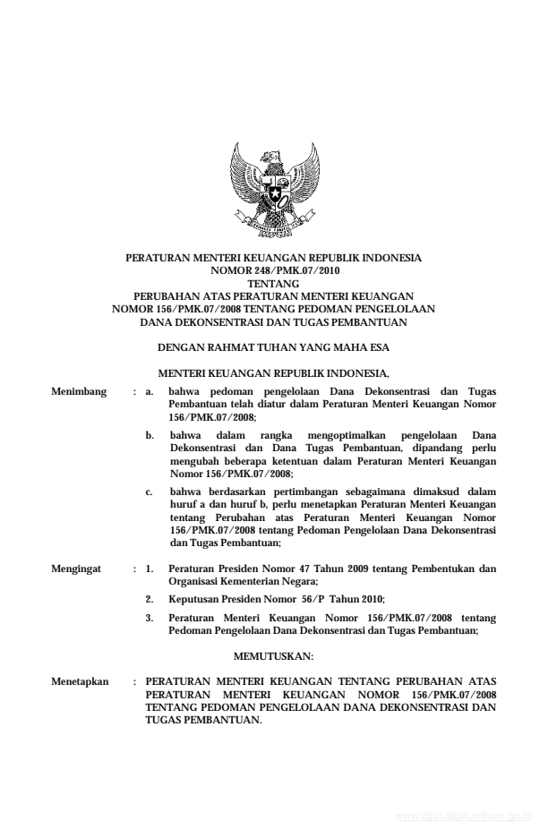 Peraturan Menteri Keuangan Nomor 248/PMK.07/2010