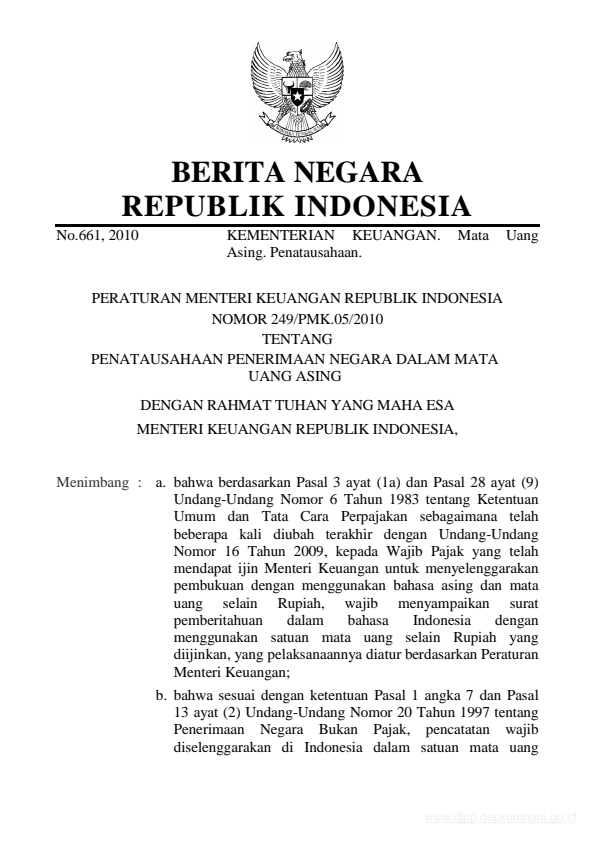 Peraturan Menteri Keuangan Nomor 249/PMK.05/2010