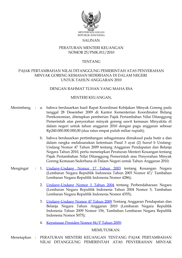 Peraturan Menteri Keuangan Nomor 25/PMK.011/2010