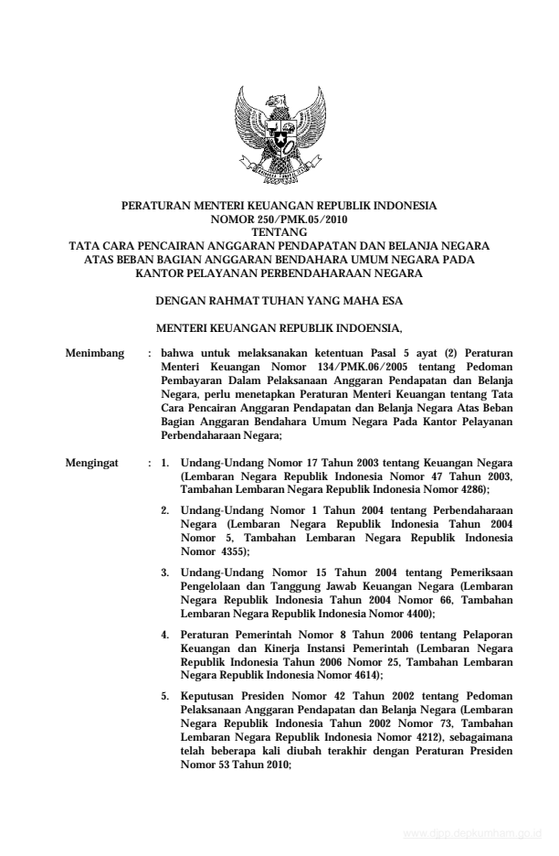 Peraturan Menteri Keuangan Nomor 250/PMK.05/2010