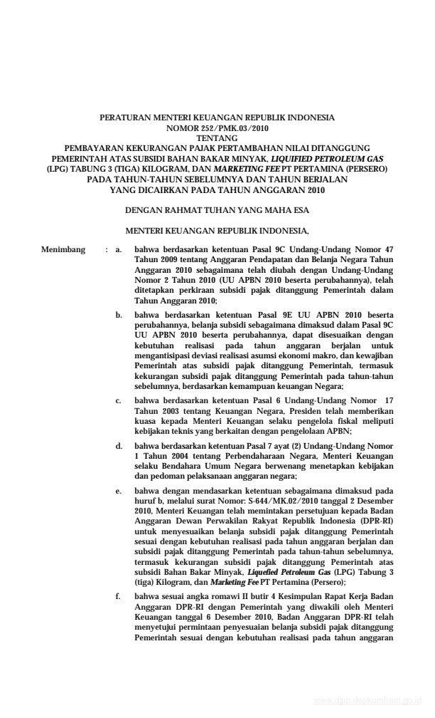 Peraturan Menteri Keuangan Nomor 252/PMK.03/2010