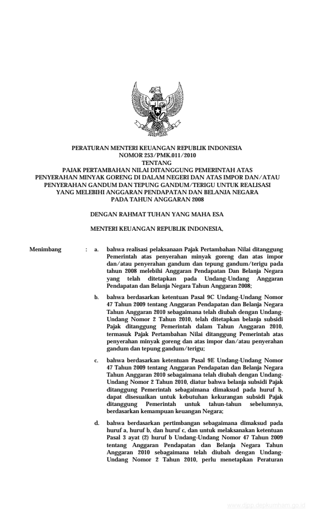 Peraturan Menteri Keuangan Nomor 253/PMK.011/2010