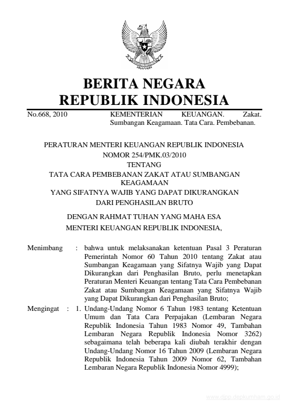 Peraturan Menteri Keuangan Nomor 254/PMK.03/2010