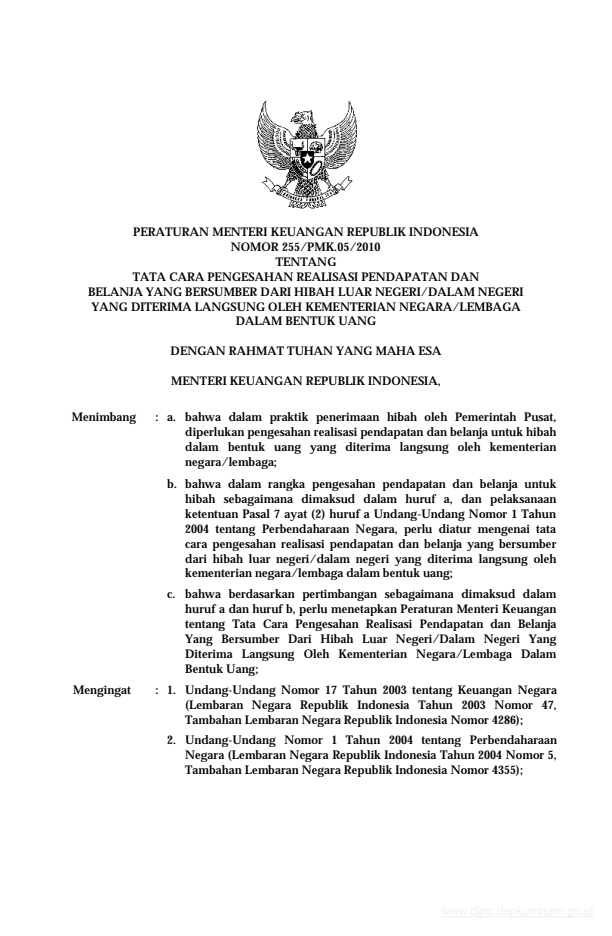 Peraturan Menteri Keuangan Nomor 255/PMK.05/2010