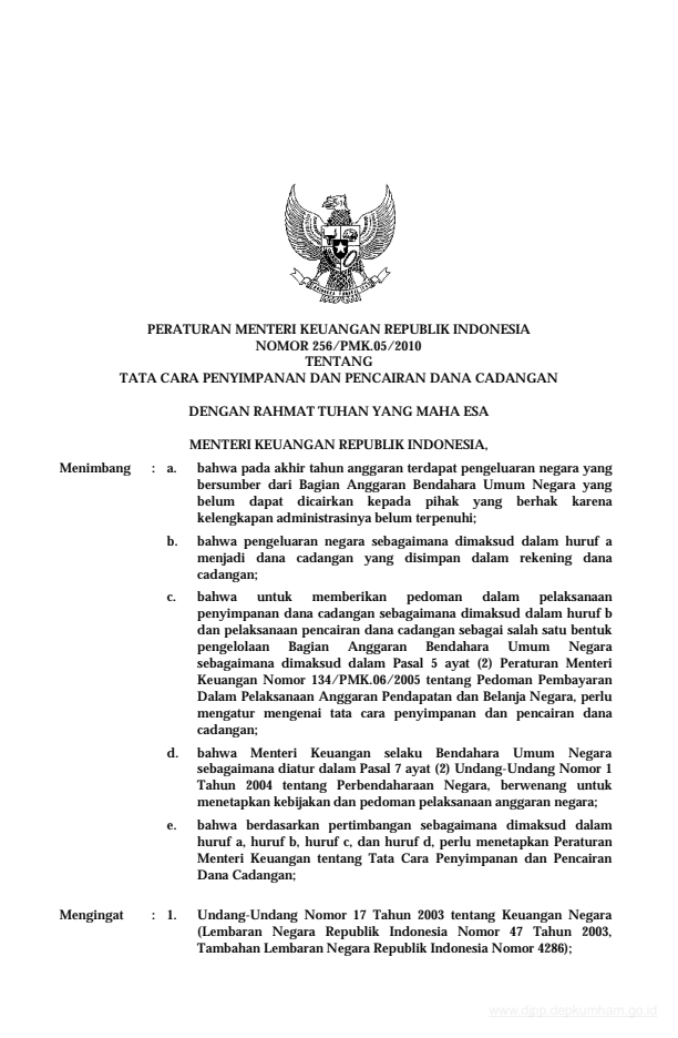 Peraturan Menteri Keuangan Nomor 256/PMK.05/2010