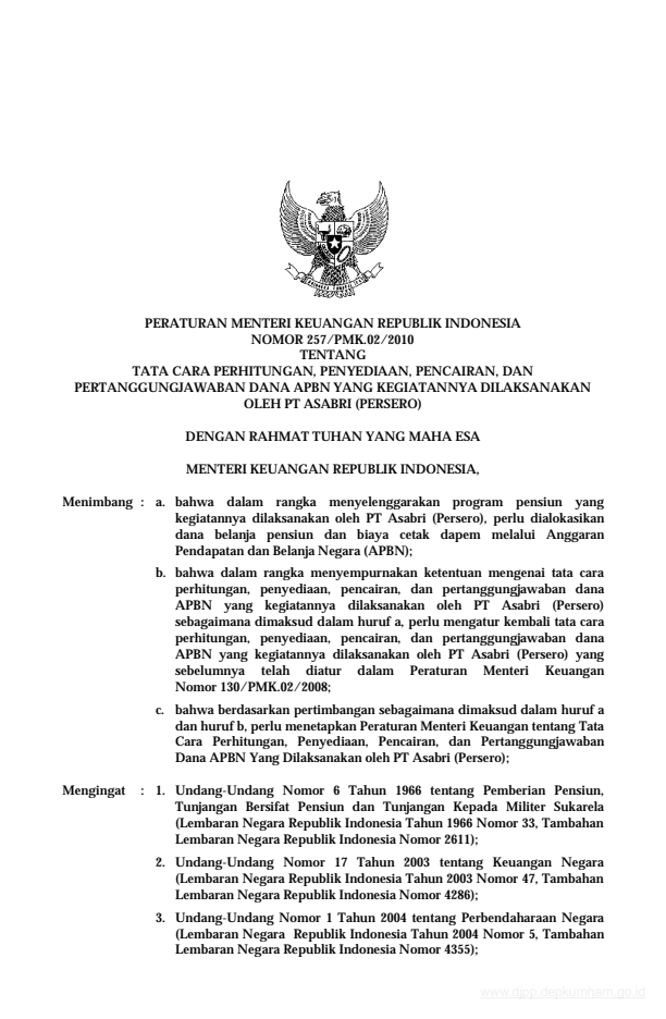 Peraturan Menteri Keuangan Nomor 257/PMK.02/2010