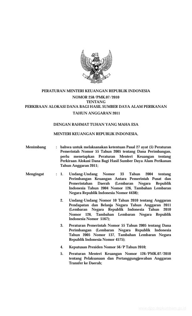 Peraturan Menteri Keuangan Nomor 258/PMK.07/2010