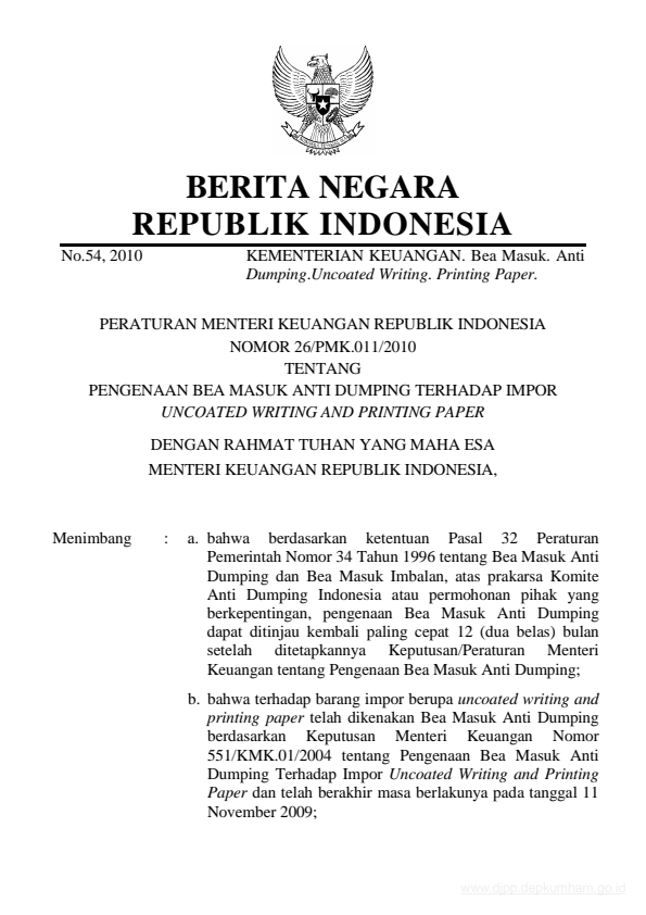 Peraturan Menteri Keuangan Nomor 26/PMK.011/2010