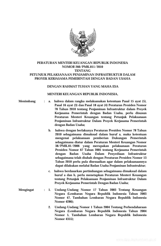 Peraturan Menteri Keuangan Nomor 260/PMK.011/2010