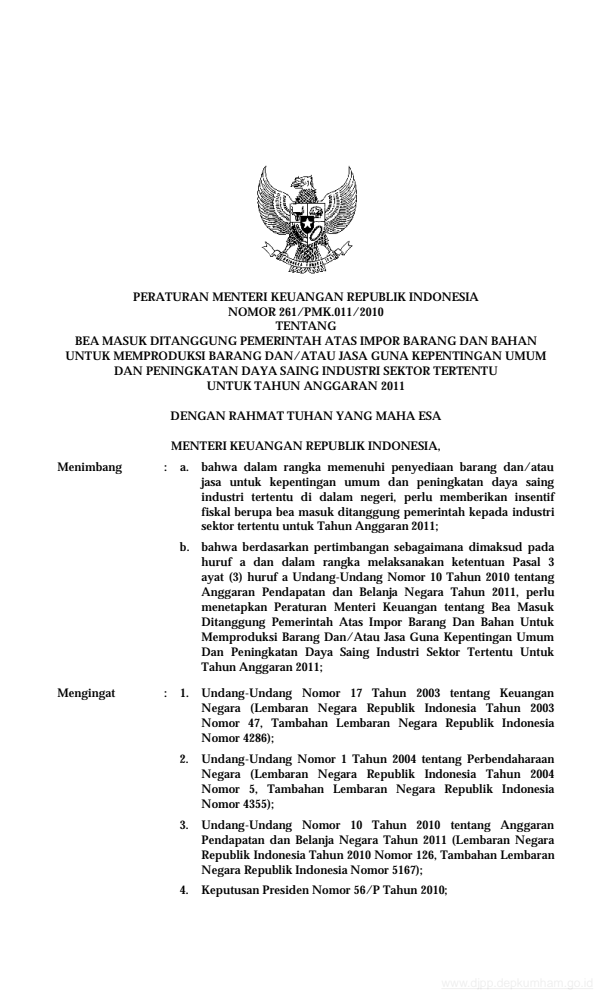 Peraturan Menteri Keuangan Nomor 261/PMK.011/2010