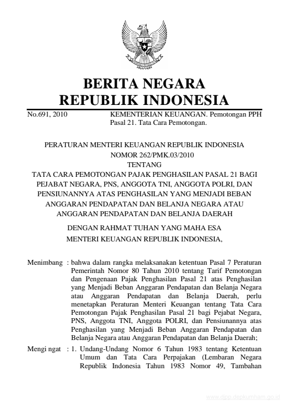 Peraturan Menteri Keuangan Nomor 262/PMK.03/2010