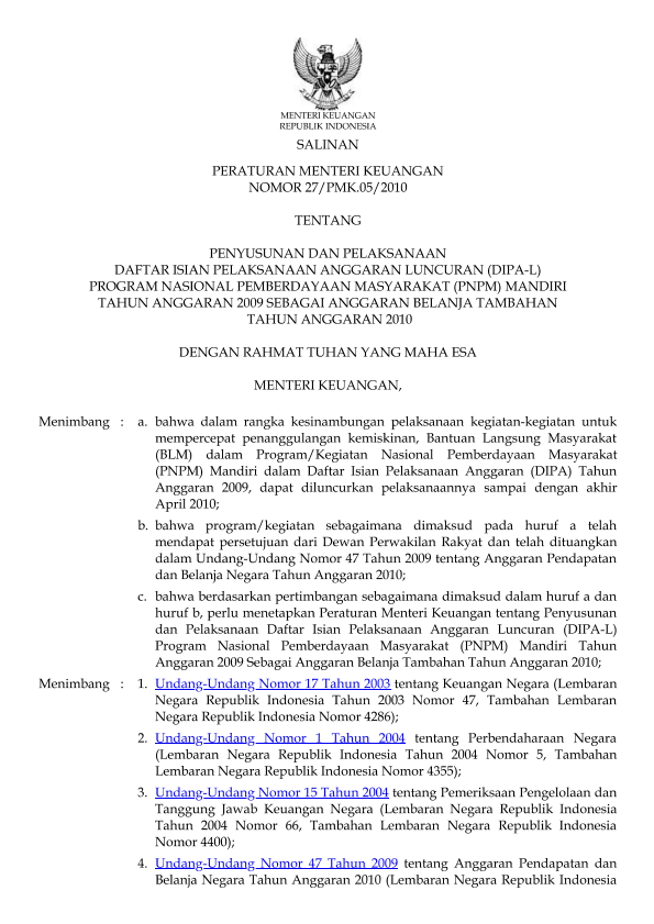 Peraturan Menteri Keuangan Nomor 27/PMK.05/2010