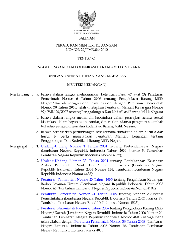 Peraturan Menteri Keuangan Nomor 29/PMK.06/2010