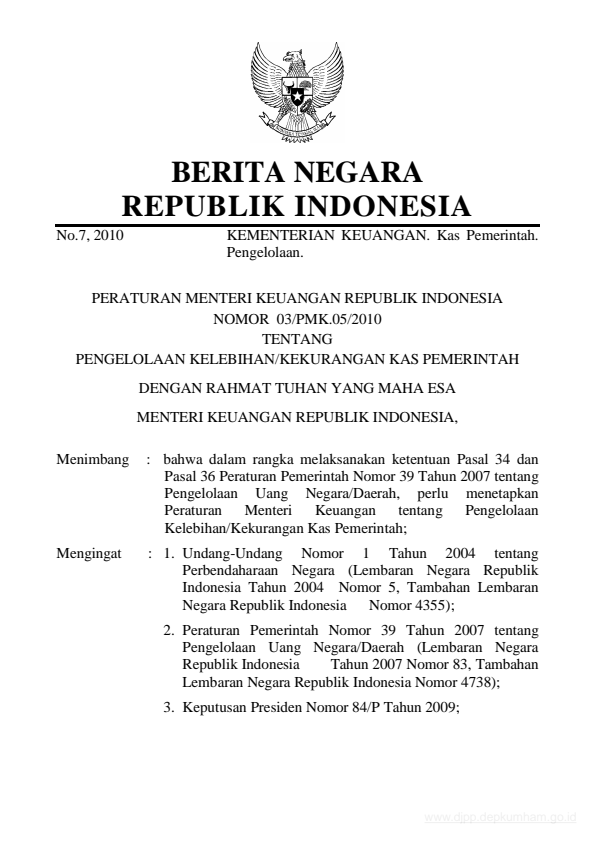 Peraturan Menteri Keuangan Nomor 03/PMK.05/2010