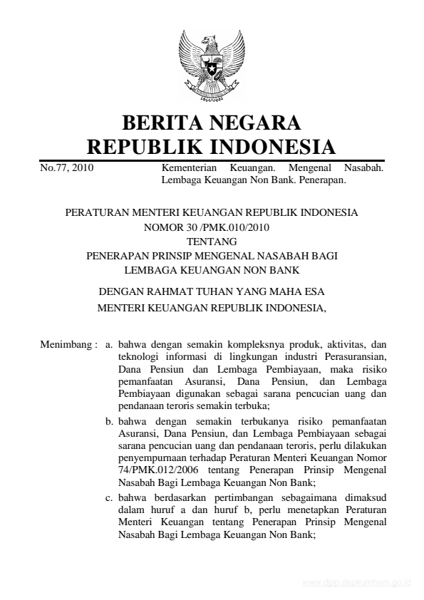 Peraturan Menteri Keuangan Nomor 30/PMK.010/2010