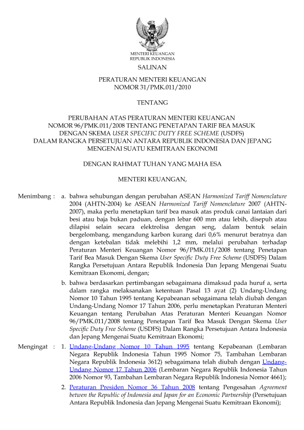 Peraturan Menteri Keuangan Nomor 31/PMK.011/2010