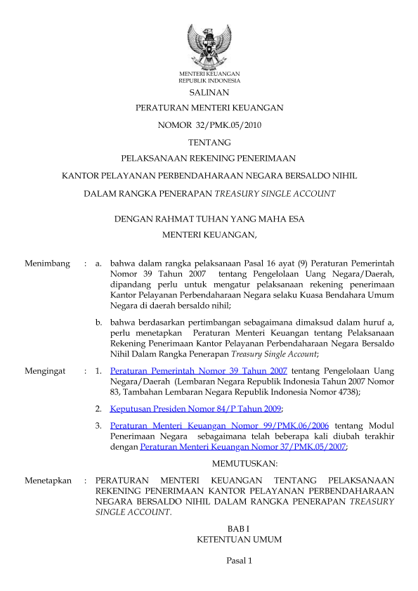 Peraturan Menteri Keuangan Nomor 32/PMK.05/2010