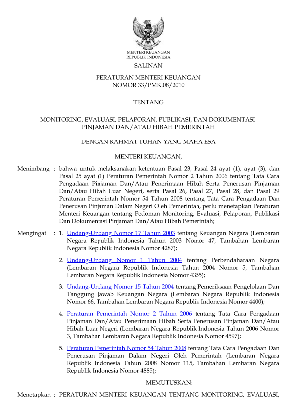 Peraturan Menteri Keuangan Nomor 33/PMK.08/2010