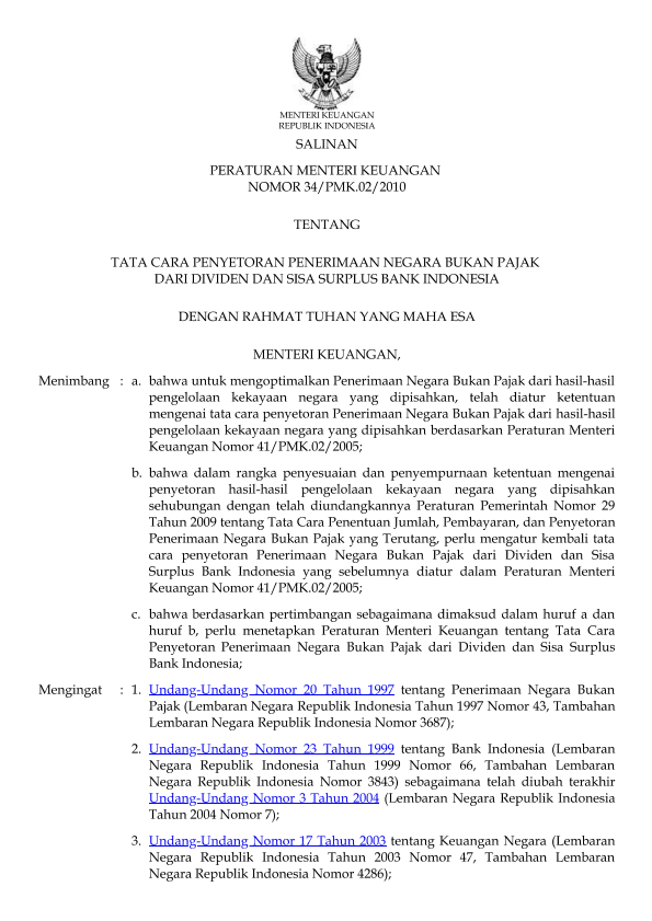 Peraturan Menteri Keuangan Nomor 34/PMK.02/2010