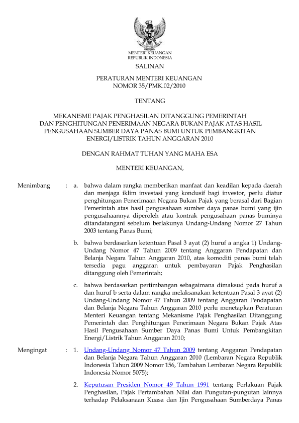 Peraturan Menteri Keuangan Nomor 35/PMK.02/2010