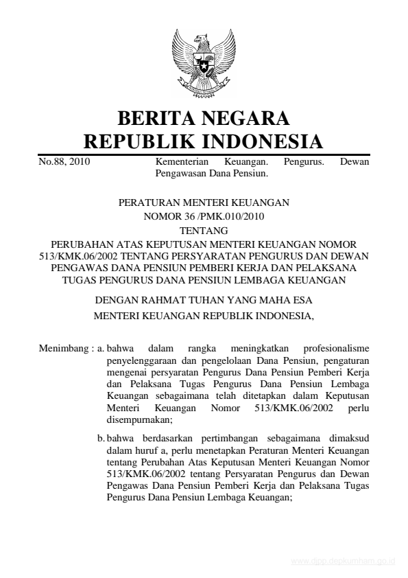 Peraturan Menteri Keuangan Nomor 36/PMK.010/2010