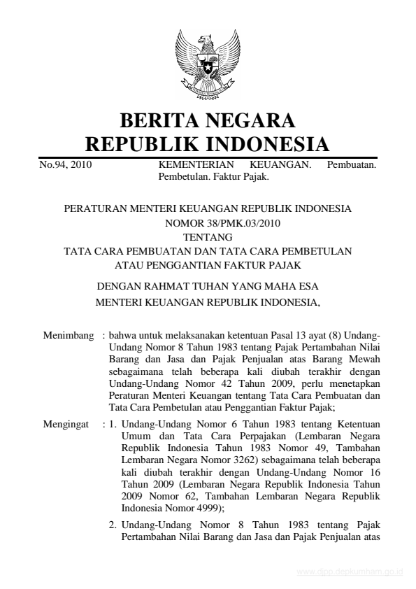 Peraturan Menteri Keuangan Nomor 38/PMK.03/2010