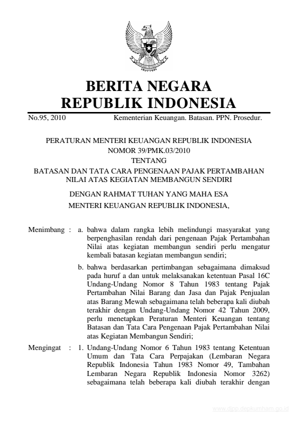 Peraturan Menteri Keuangan Nomor 39/PMK.03/2010