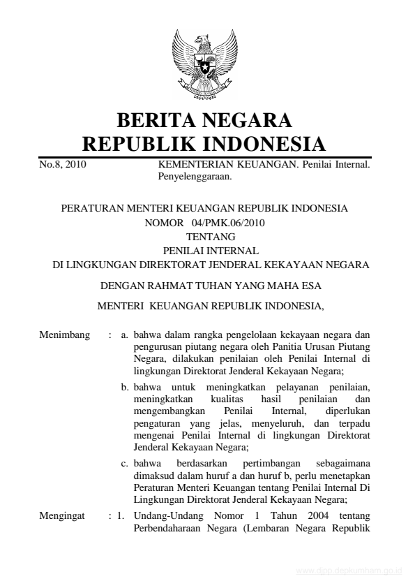 Peraturan Menteri Keuangan Nomor 04/PMK.06/2010