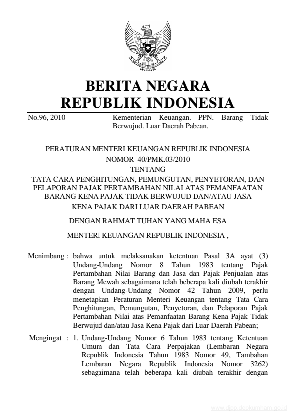 Peraturan Menteri Keuangan Nomor 40/PMK.03/2010