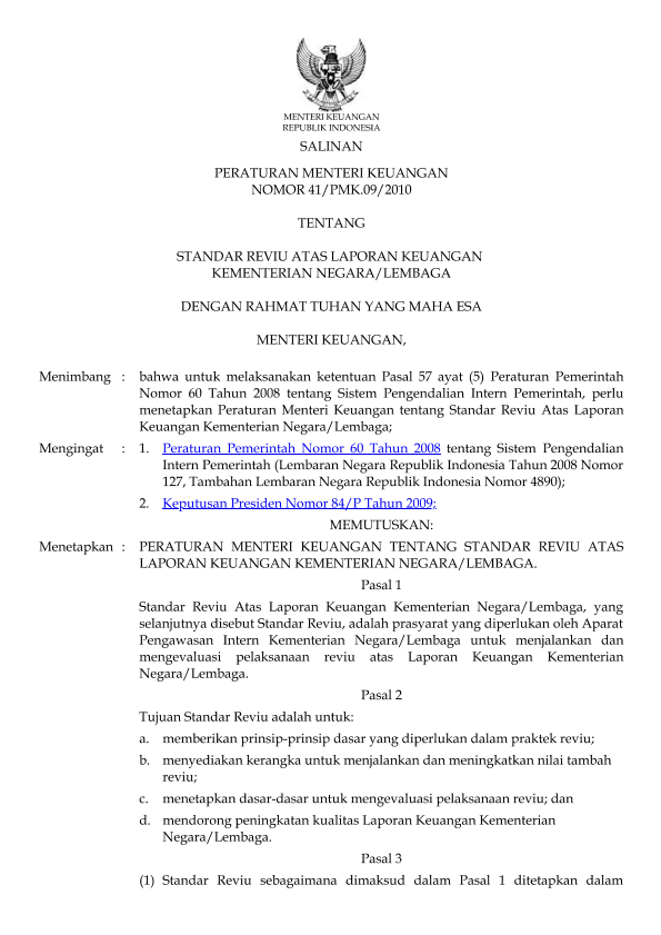 Peraturan Menteri Keuangan Nomor 41/PMK.09/2010