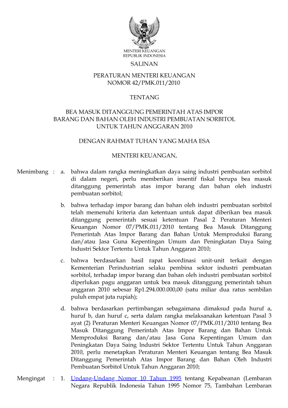 Peraturan Menteri Keuangan Nomor 42/PMK.011/2010