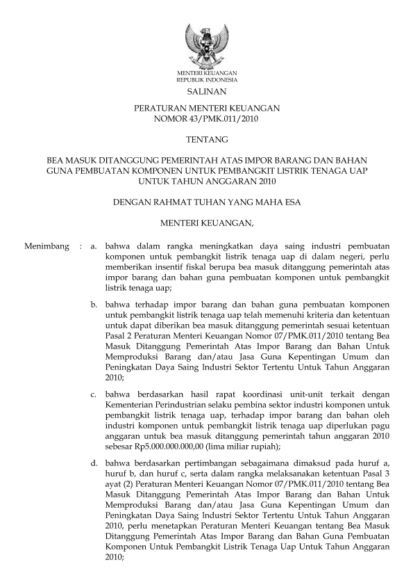 Peraturan Menteri Keuangan Nomor 43/PMK.011/2010