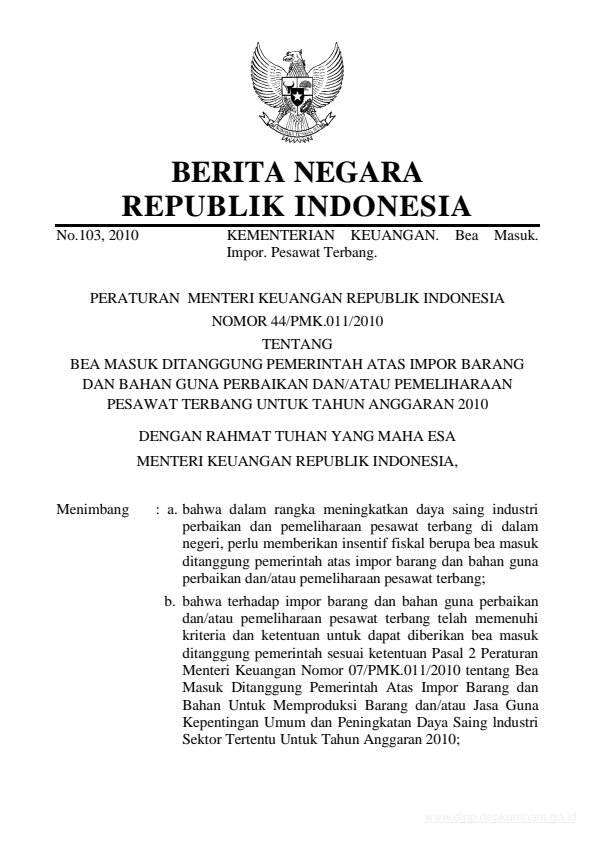 Peraturan Menteri Keuangan Nomor 44/PMK.011/2010