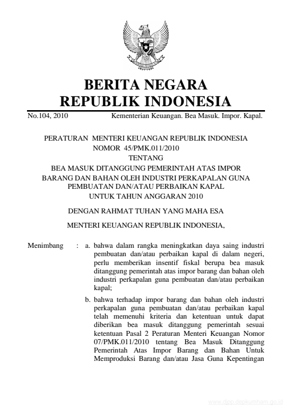 Peraturan Menteri Keuangan Nomor 45/PMK.011/2010