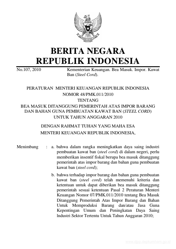 Peraturan Menteri Keuangan Nomor 48/PMK.011/2010