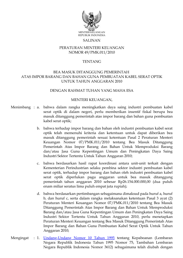 Peraturan Menteri Keuangan Nomor 49/PMK.011/2010