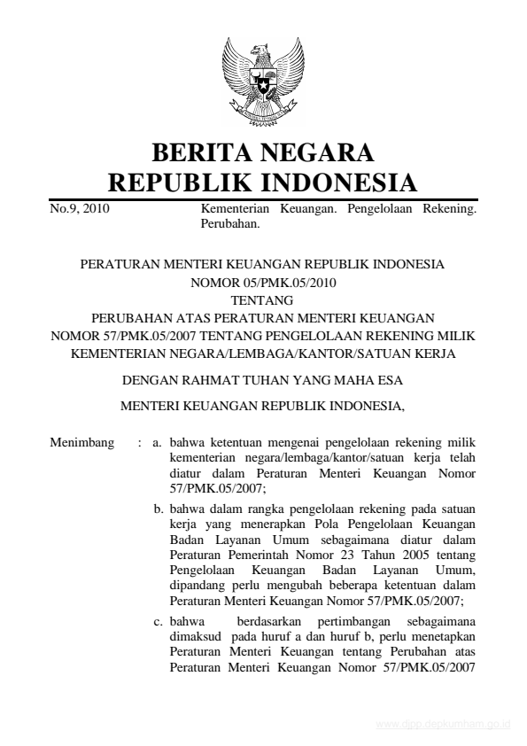Peraturan Menteri Keuangan Nomor 05/PMK.05/2010