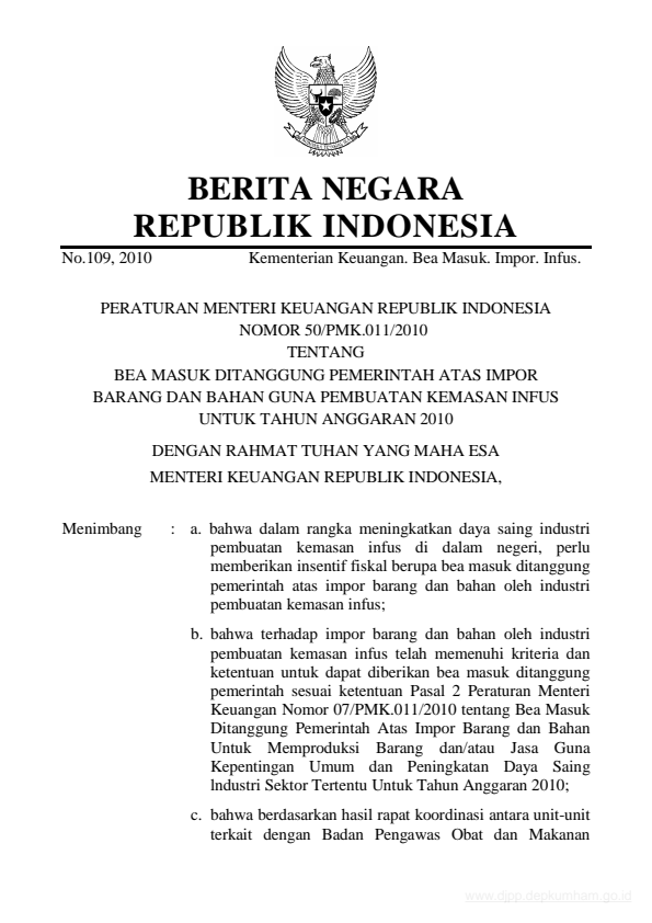 Peraturan Menteri Keuangan Nomor 50/PMK.011/2010