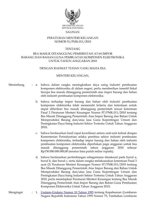 Peraturan Menteri Keuangan Nomor 51/PMK.011/2010