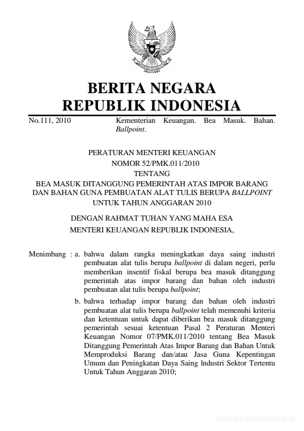 Peraturan Menteri Keuangan Nomor 52/PMK.011/2010