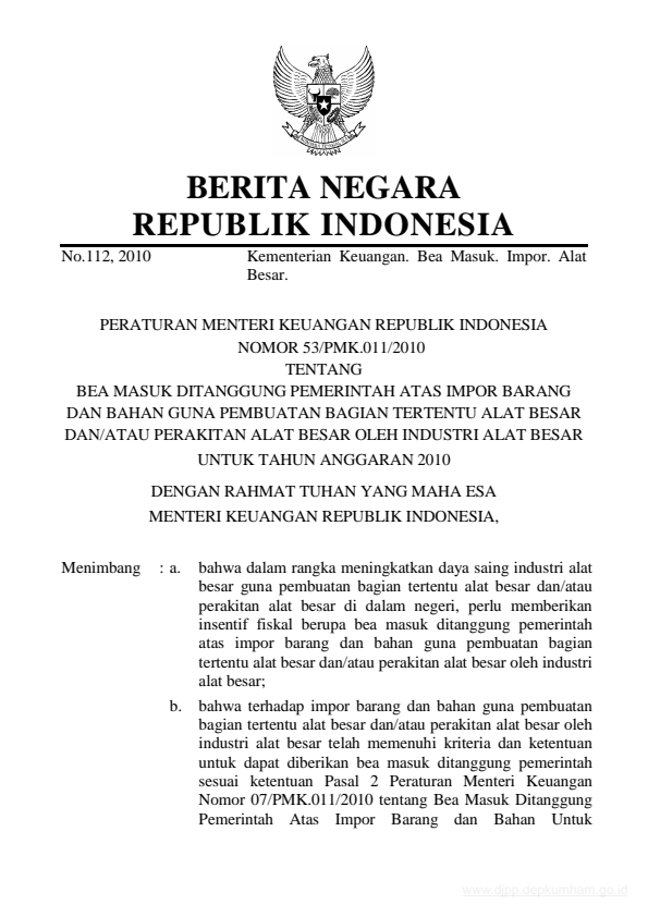 Peraturan Menteri Keuangan Nomor 53/PMK.011/2010