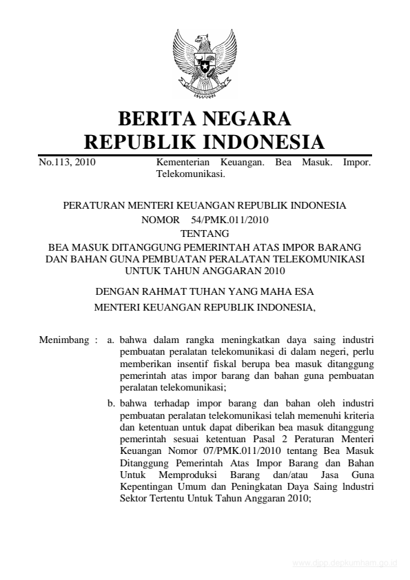 Peraturan Menteri Keuangan Nomor 54/PMK.011/2010