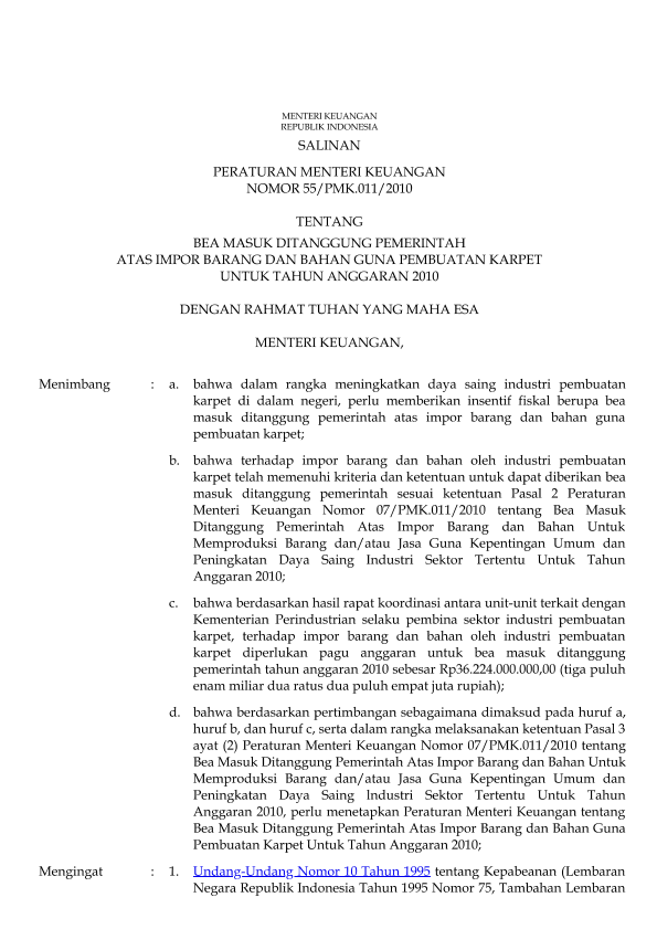 Peraturan Menteri Keuangan Nomor 55/PMK.011/2010